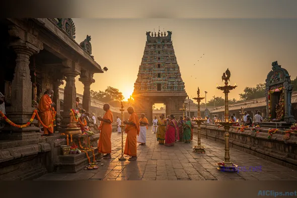 Vibrant Temple Ceremony at Sunset: Cultural Insights