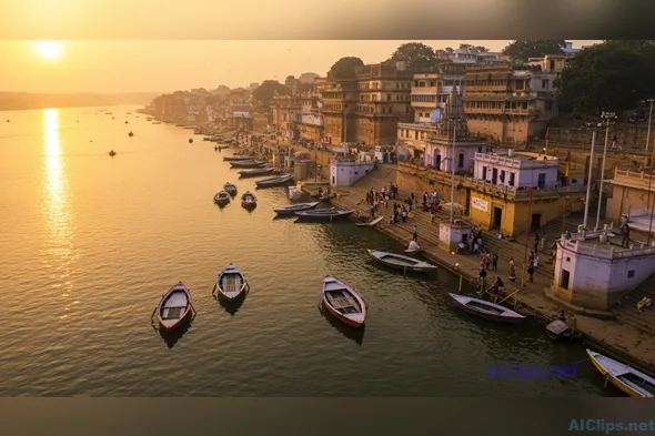 Scenic Sunset Over Riverfront with Boats