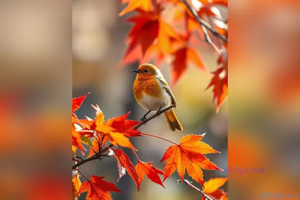 Vibrant Autumn Bird on Colorful Maple Leaves