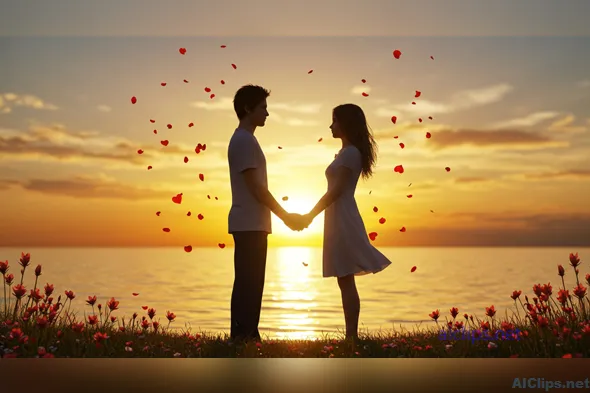 Romantic Sunset Silhouette of Couples by the Sea