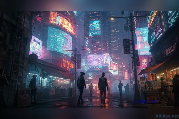 Futuristic Urban Scene with Neon Lights and Figures