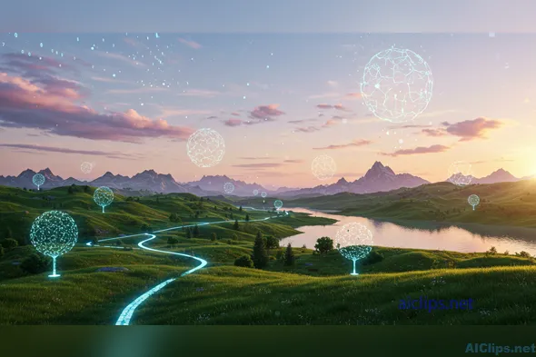 Futuristic Landscape with Digital Trees and Mountains
