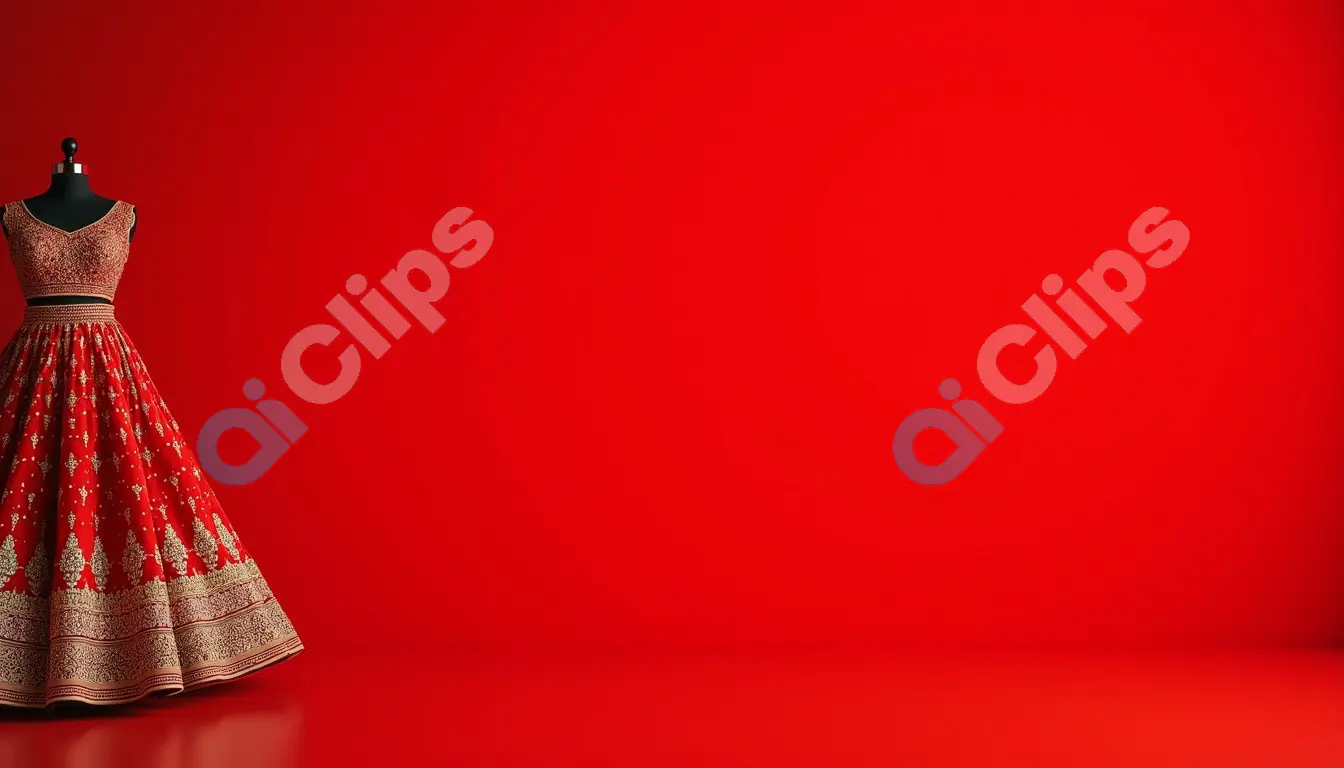 Traditional Indian Lehenga on Mannequin Against Bold Red Background