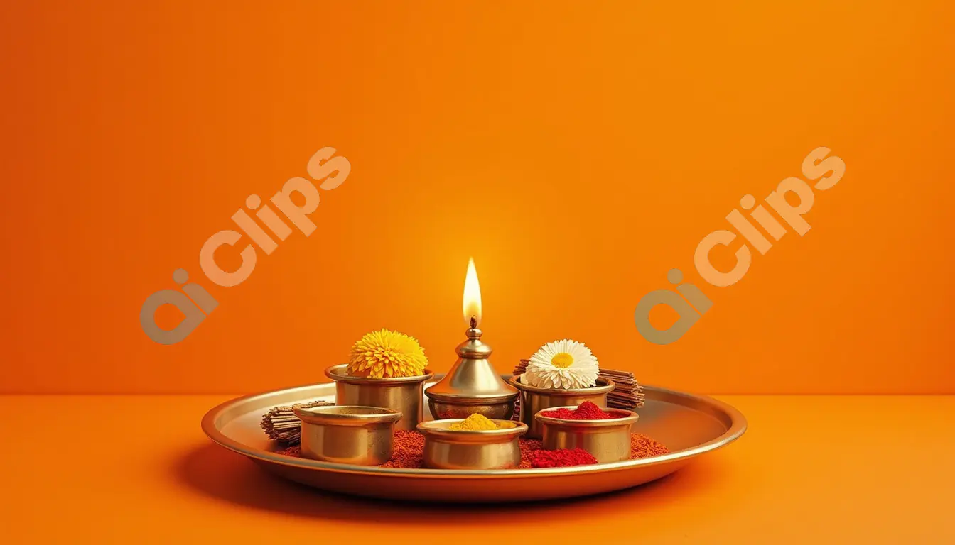 Traditional Indian Puja Thali with Diya and Flowers - Minimalist Orange Background
