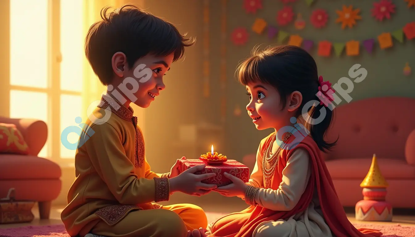 Children Celebrating Diwali with Traditional Gift Exchange