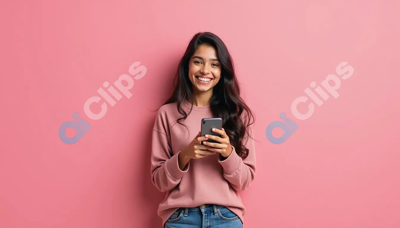 Happy Young Woman with Smartphone - Pink Casual Portrait