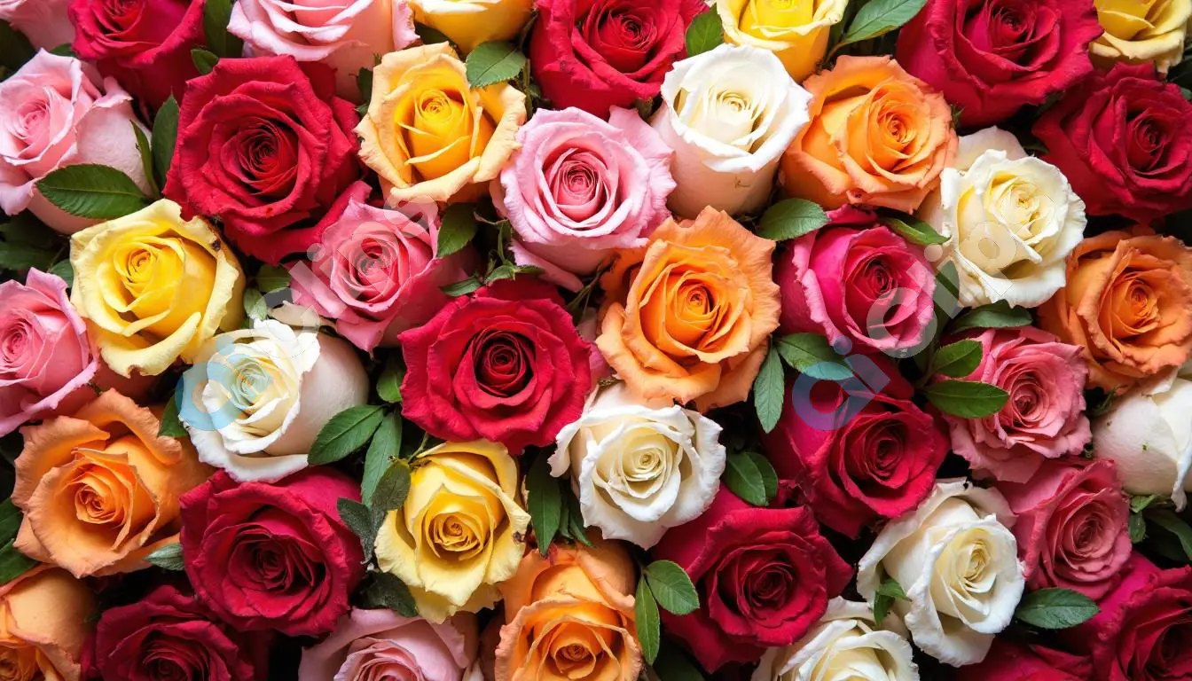 Colorful Rose Bouquet Background with Lush Green Leaves