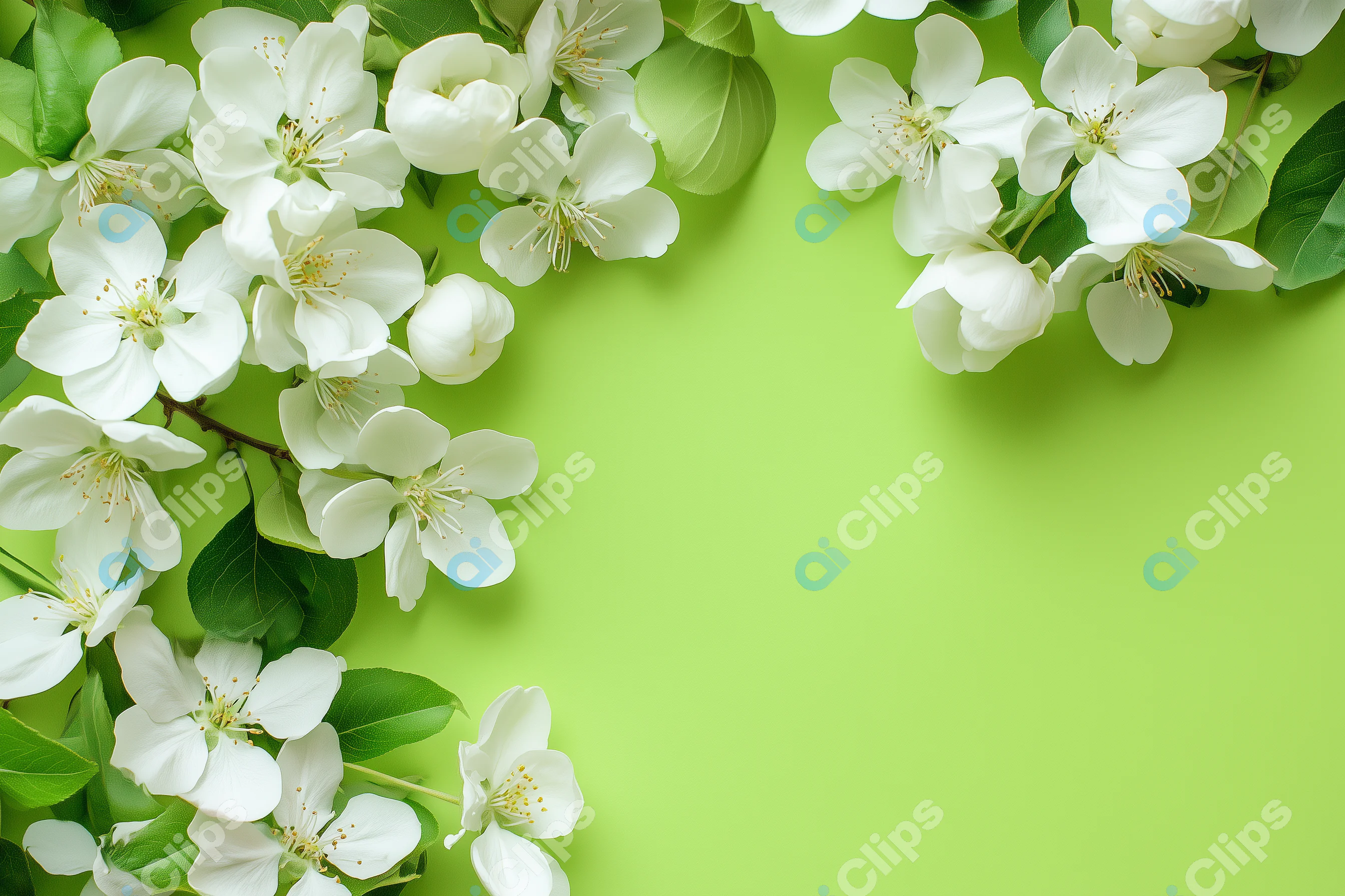 White Blossoms on Green Background