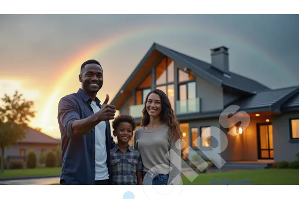 Happy Family in Front of New Home with Rainbow