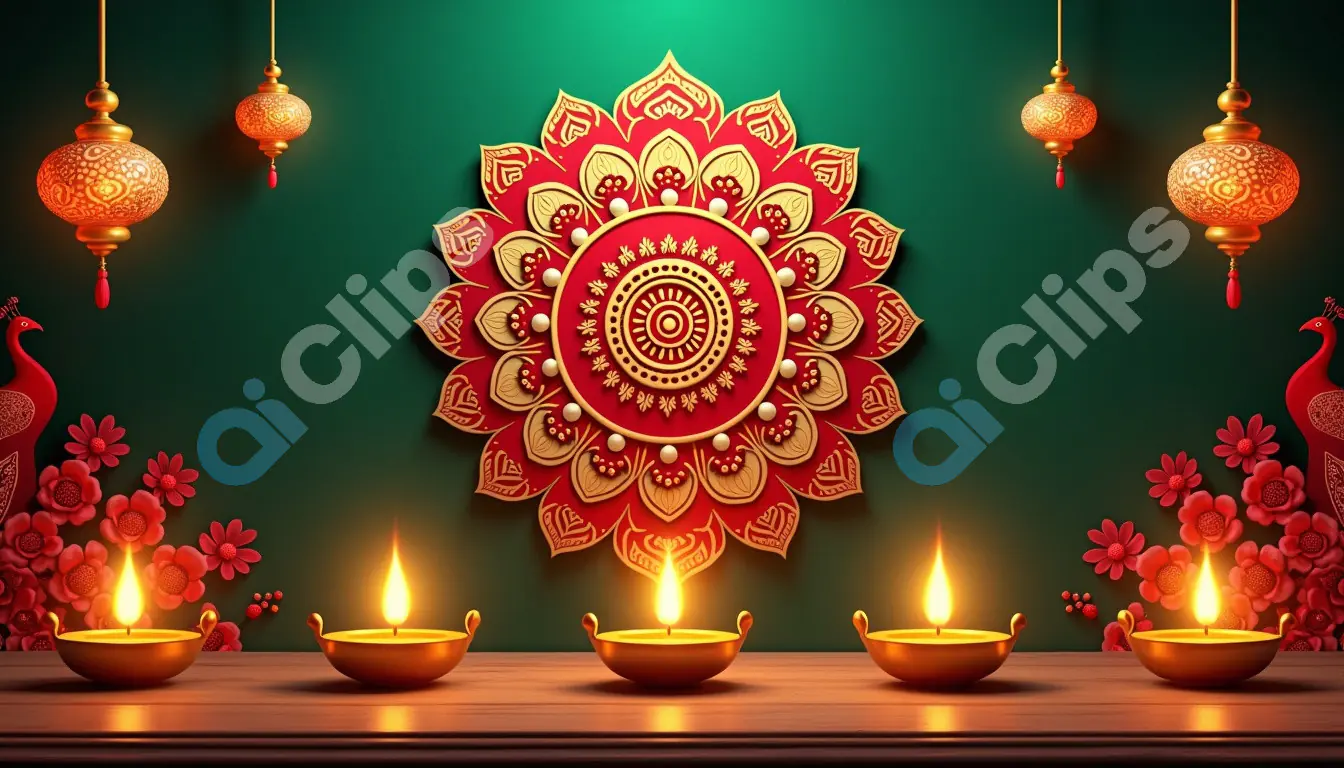 Luxurious Diwali Rangoli and Diya Setup with Lanterns