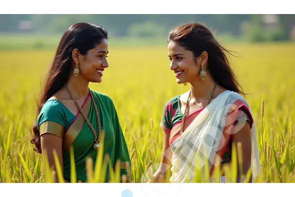 Two Women in Traditional Indian Sarees Smiling in a Field