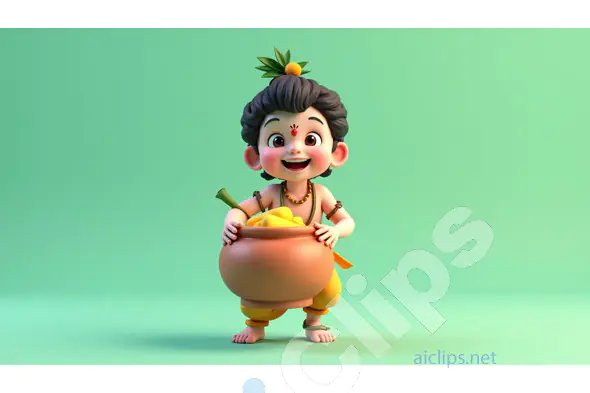 Happy Baby Deity with Pot on Green Background