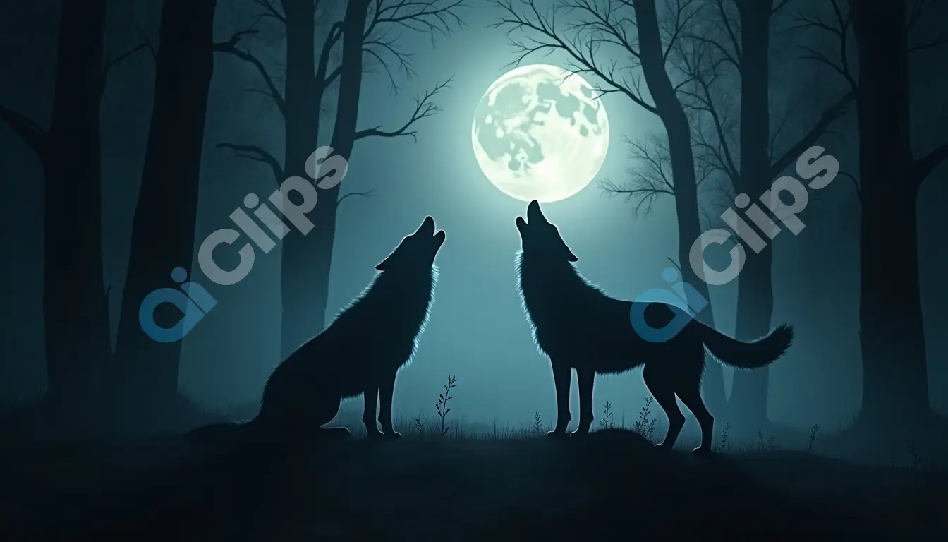 Wolves Howling at the Full Moon in a Dark Forest