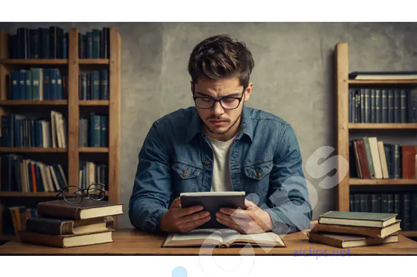 Focused Student with Tablet in Library