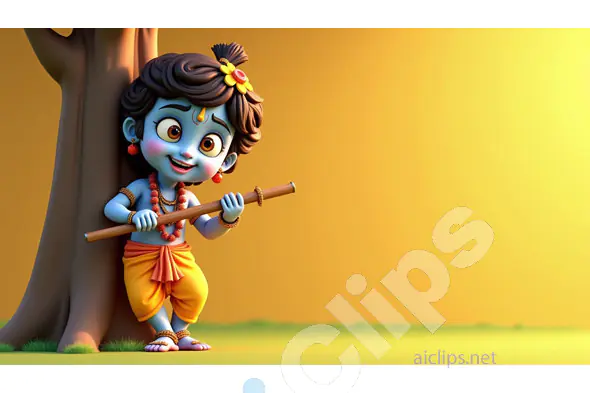 Playful Baby Krishna with Flute on Yellow Background