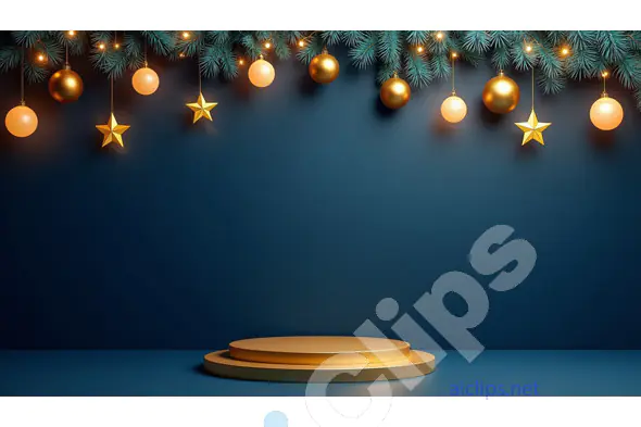 Festive Christmas Stage with Golden Ornaments and Fir Branches