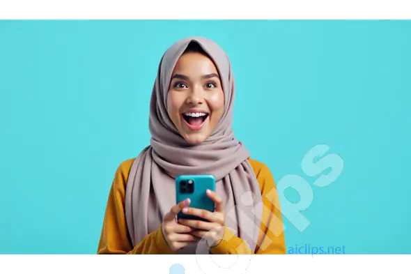 Surprised Young Woman in Hijab Holding Smartphone