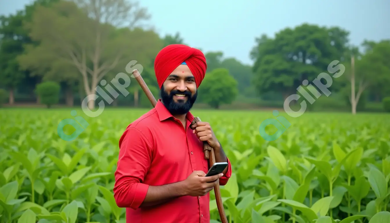 Indian Farmer Using Smartphone in a Lush Green Field