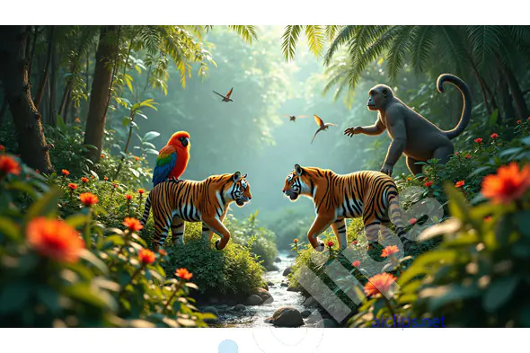 Jungle Harmony: Tigers, Monkeys, and Parrots in a Lush Forest