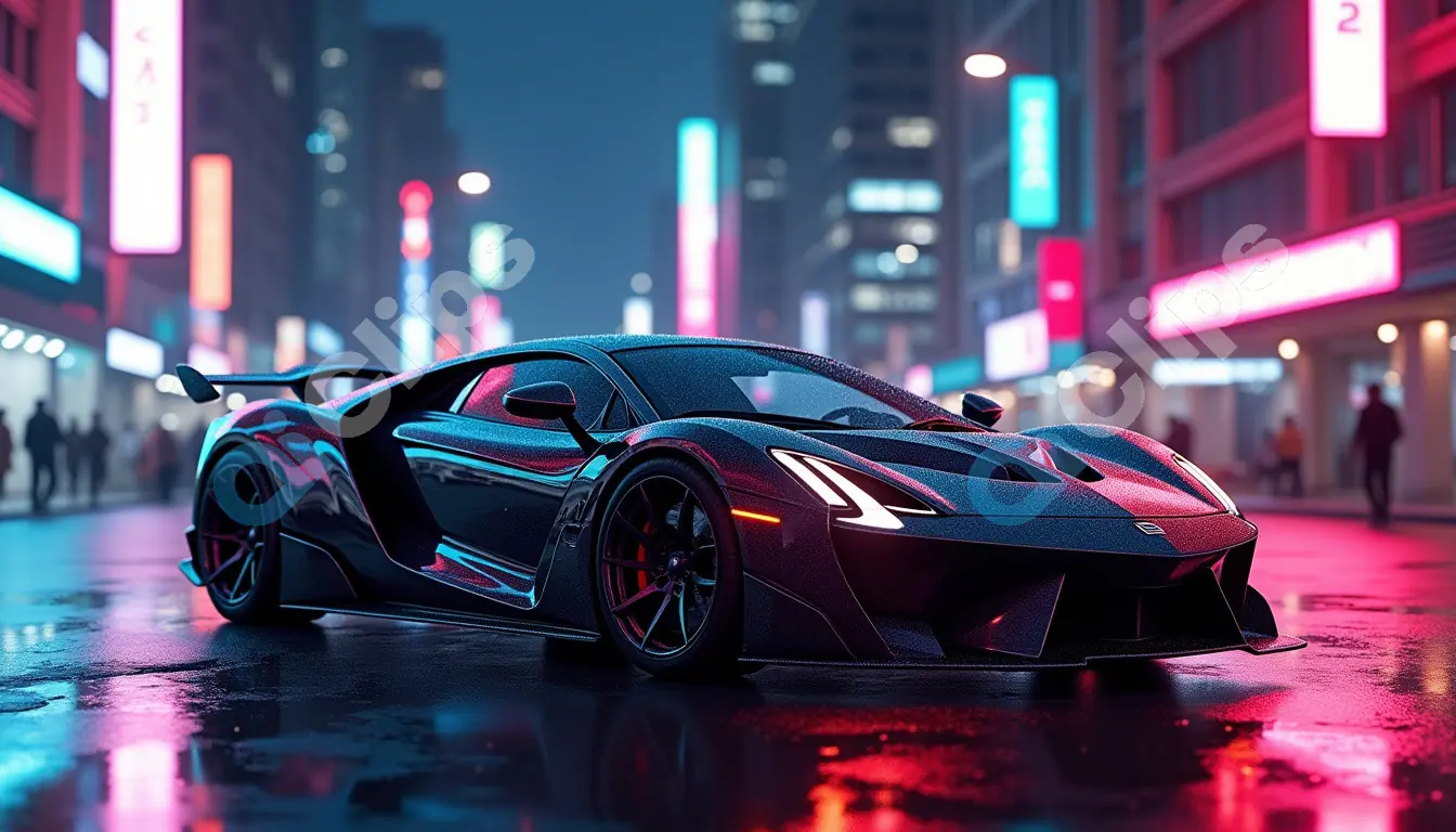 Futuristic Black Supercar on Neon-Lit Urban Streets