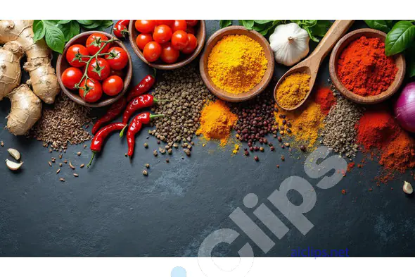 Assorted Spices and Fresh Ingredients on Dark Background