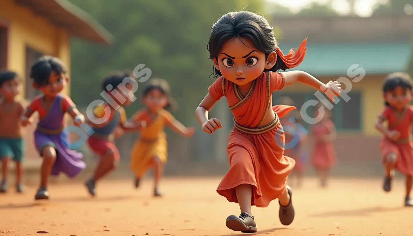 Determined Indian Girl Leading a Race with Friends
