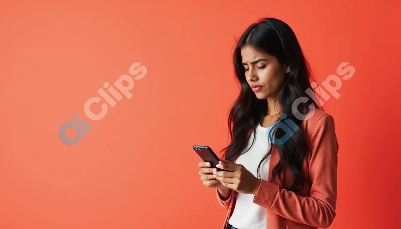 Concerned Woman Checking Smartphone on Coral Background