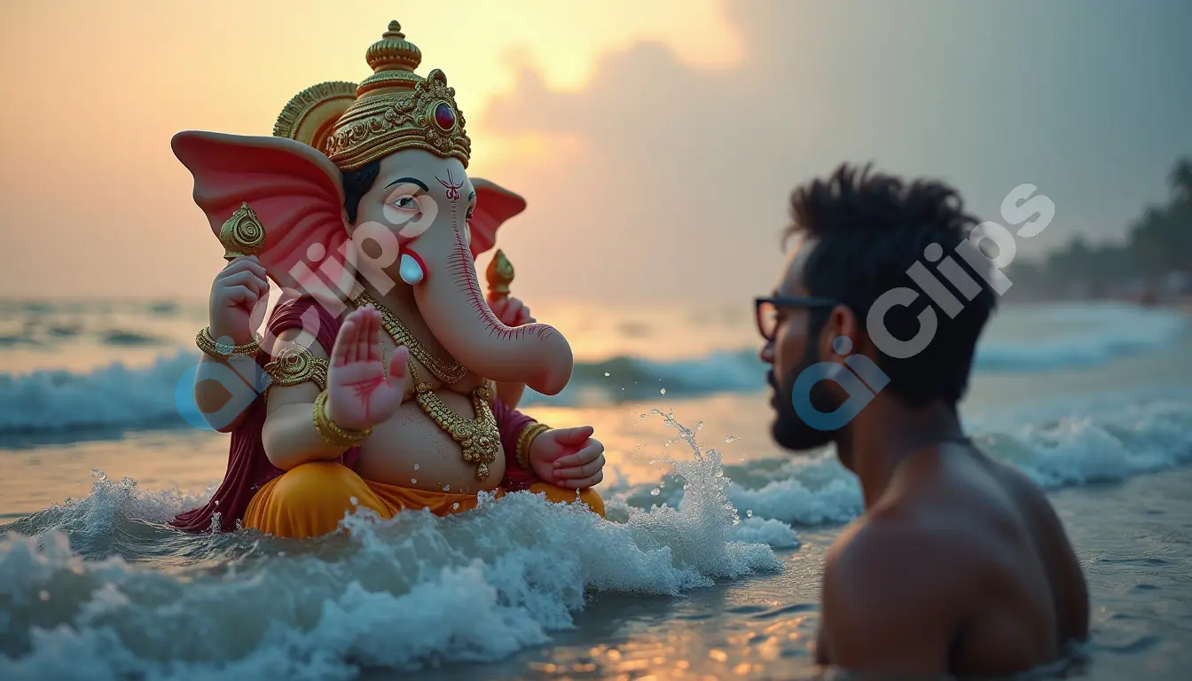 Ganesh Visarjan at Sunset: A Devotee's Final Prayer