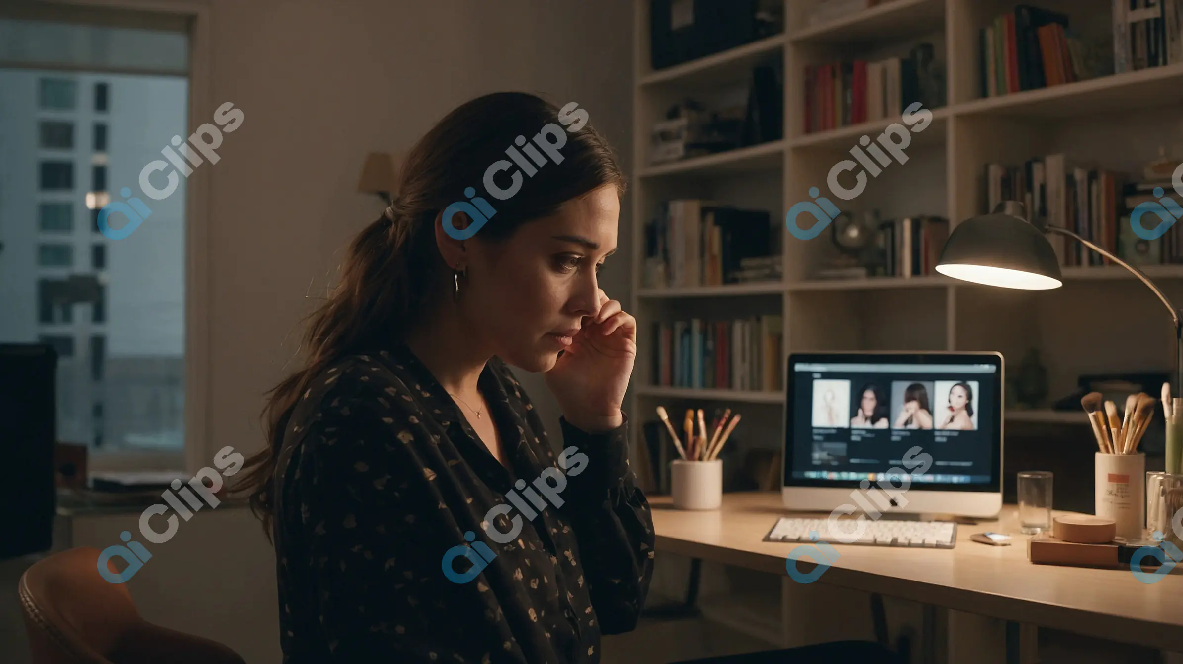 Focused Woman Working Late in Home Office
