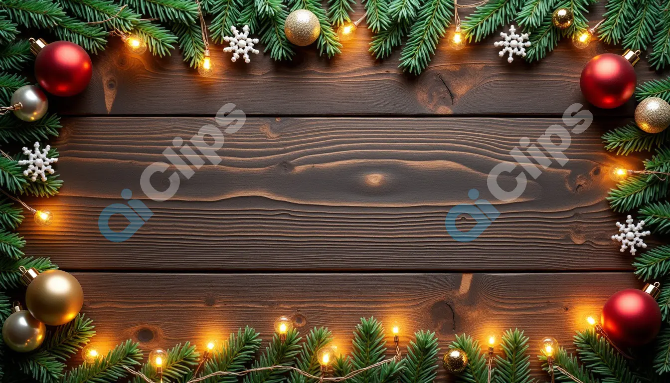 Christmas Frame with Festive Ornaments and Wooden Background