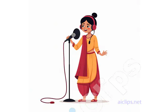 Indian Girl Singing in Studio Vector Illustration