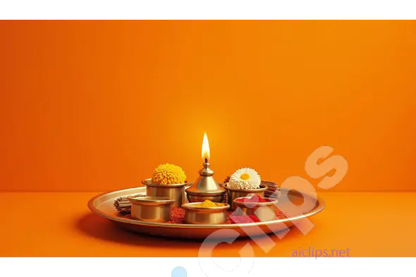 Traditional Indian Puja Thali with Diya and Flowers - Minimalist Orange Background