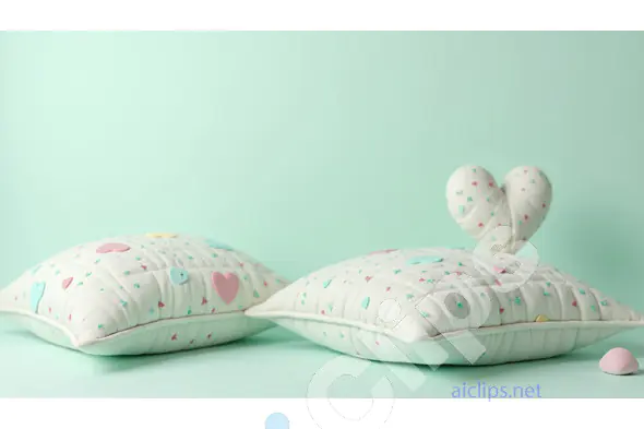 Quilted Heart Cushions with Pastel Accents on Mint Green Background