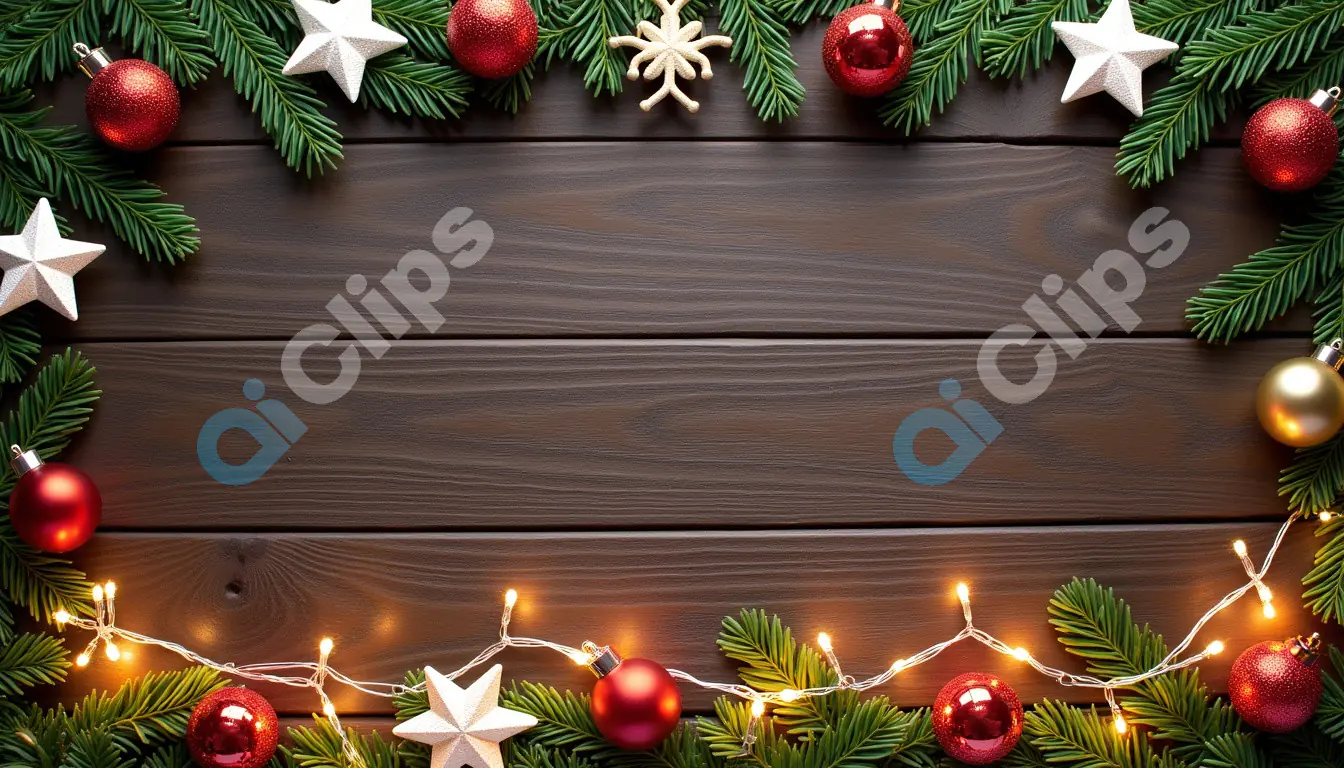 Christmas Frame with Ornaments and Wooden Background