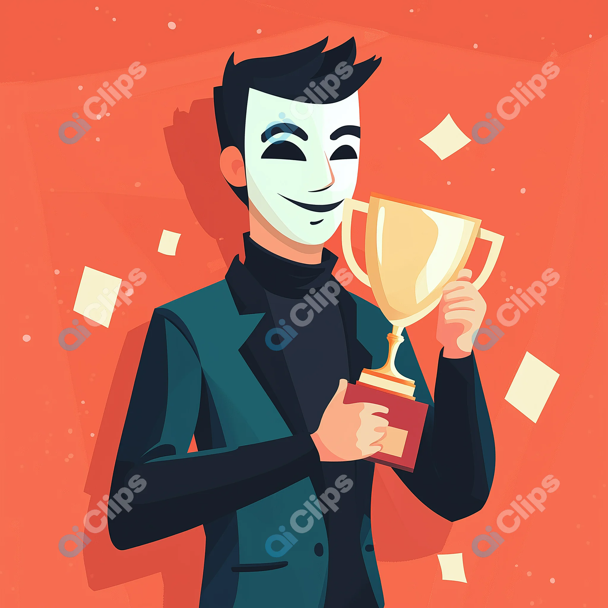 Mysterious Winner Holding Trophy Illustration