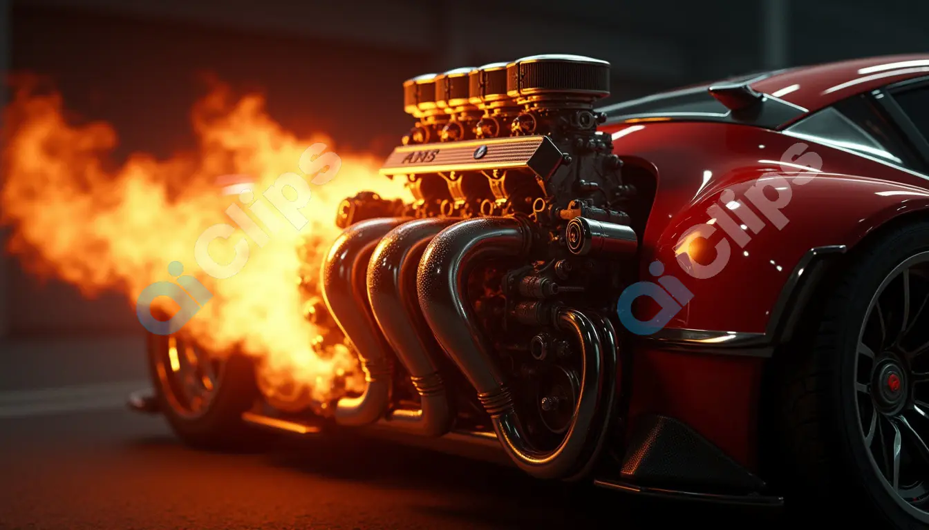 High-Performance Engine with Fiery Exhaust - Automotive Power Illustration