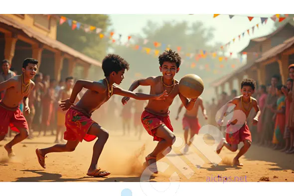 Joyful Indian Children Playing Traditional Ball Game in Festive Village Setting