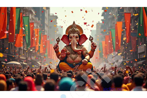 Majestic Ganesh Idol in Vibrant Chaturthi Procession