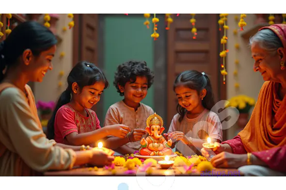 Family Celebrating Ganesh Chaturthi with Decorations and Lamps