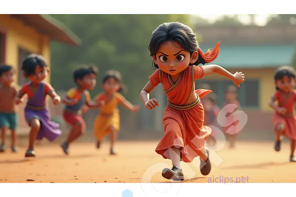 Determined Indian Girl Leading a Race with Friends