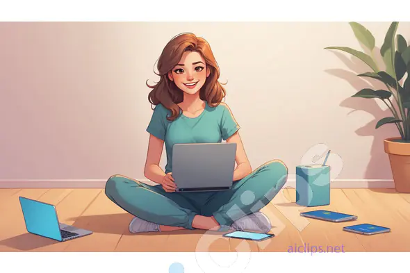 Smiling Woman Cartoon Character Working on Laptop in Cozy Home