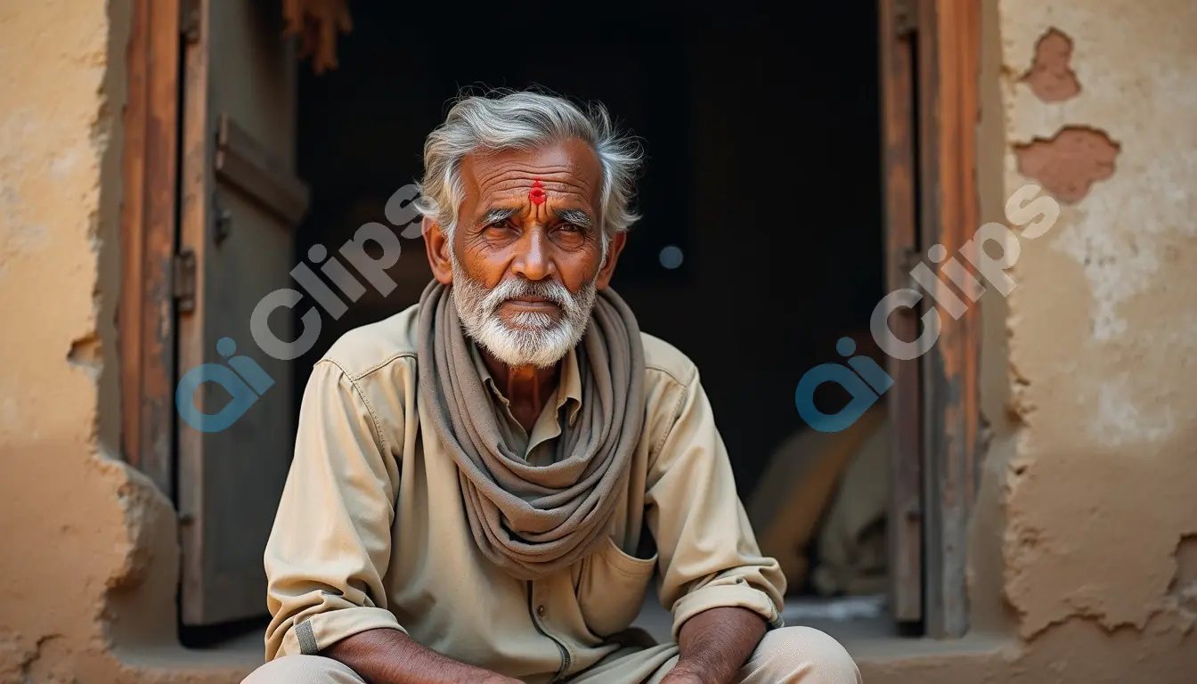 Thoughtful Elderly Man with Traditional Tilak Mark
