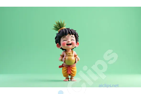 Joyful Baby Deity Holding Pot on Green Background