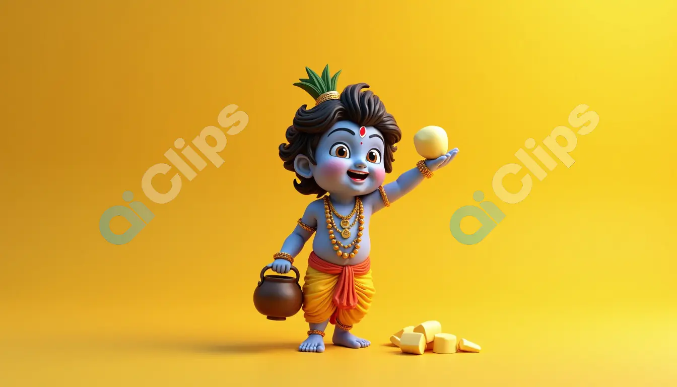 Cute Krishna Holding Butter on Yellow Background