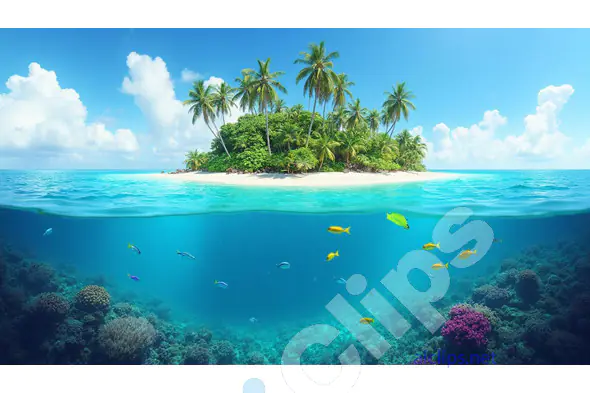 Tropical Island Paradise with Underwater Coral and Fish