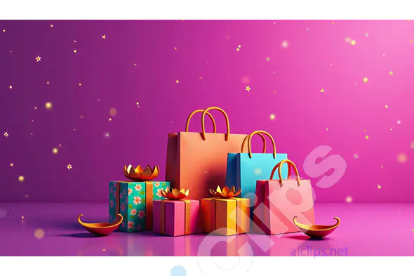 Diwali Shopping Bags and Gifts with Diya Lamps on Pink Background
