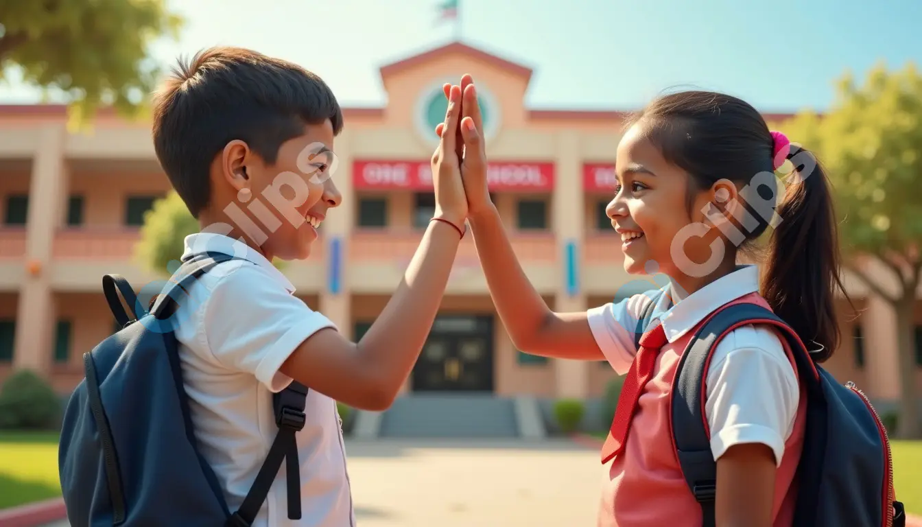 Joyful School Kids Sharing a High-Five at the School Entrance