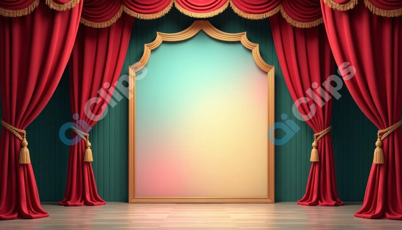 Theater Stage with Golden Frame and Red Velvet Curtains
