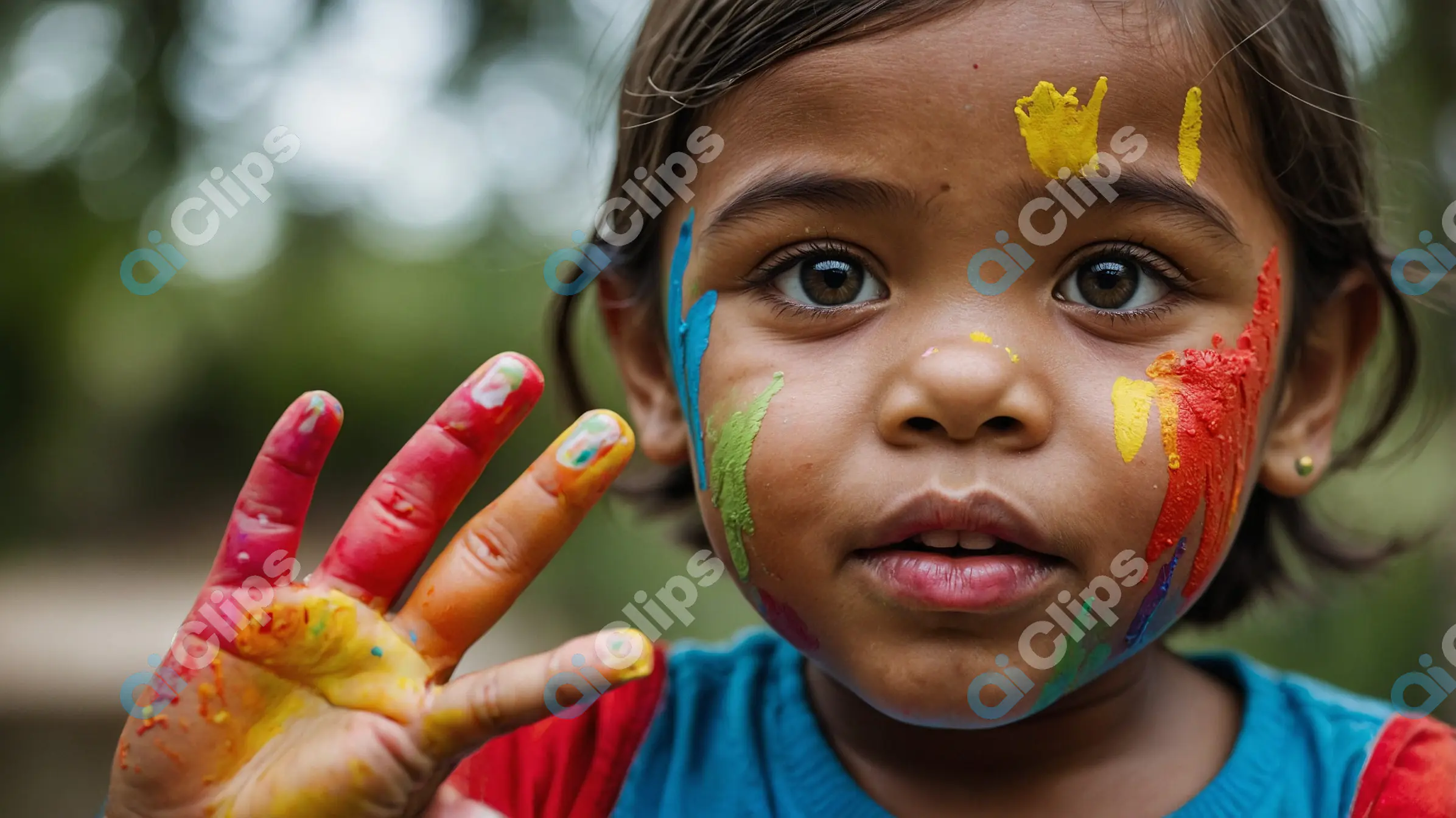 Close-Up of Child with Painted Face and Hand - Vibrant Expression