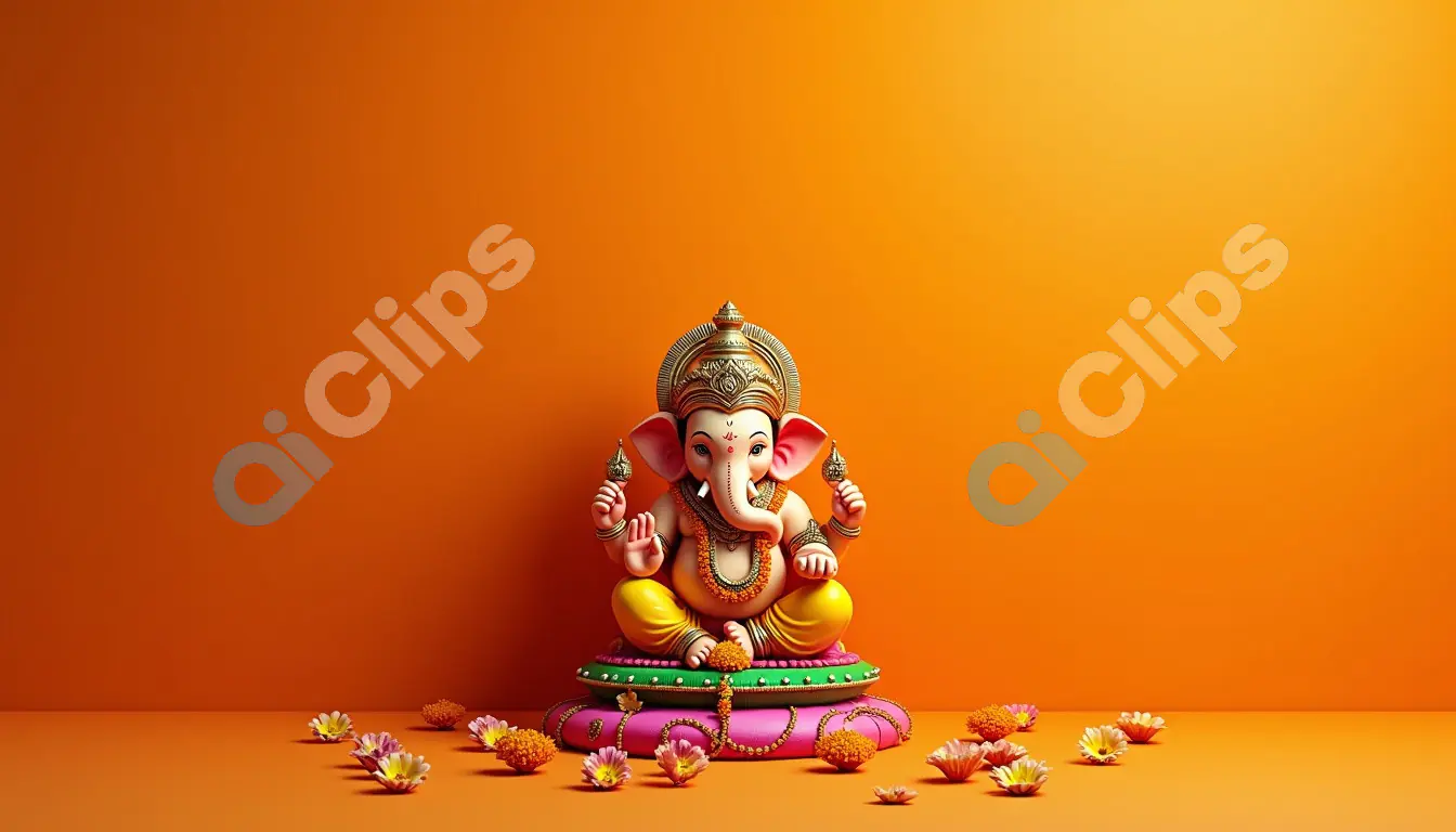 Elegant 3D Lord Ganesha Idol with Flowers on Orange Background